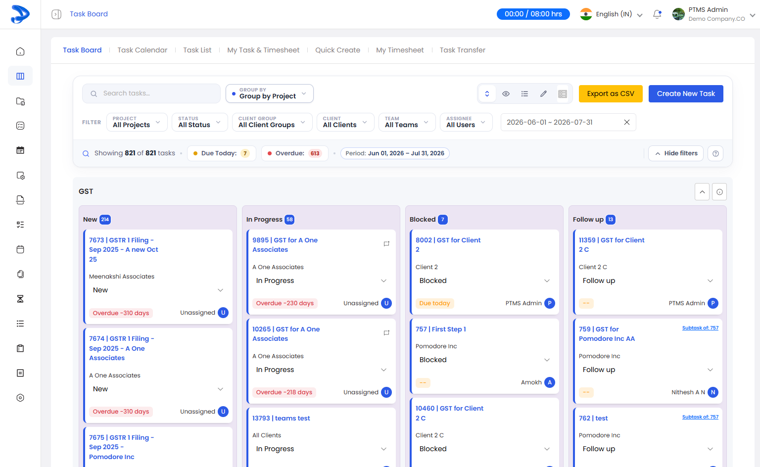 Pomodore kanban task board — live progress tracking for CA and CMA practices