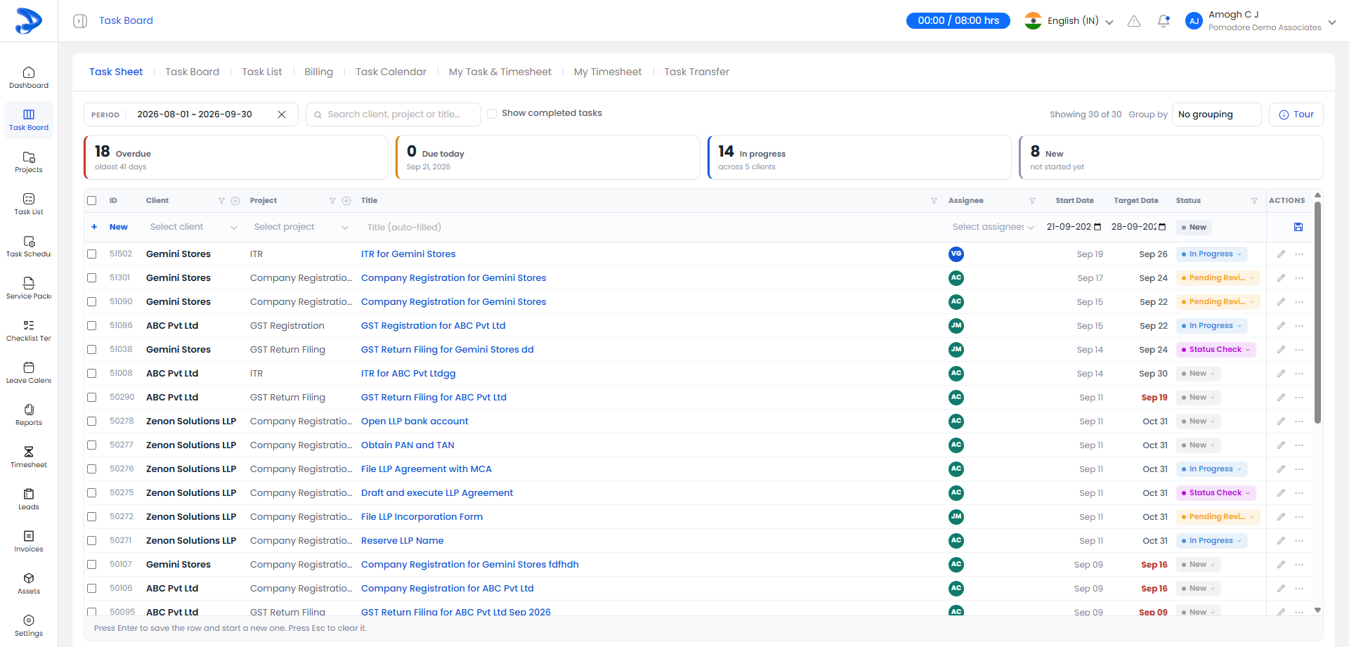 Pomodore task board — assign and track client tasks for GST, ITR and ROC filings